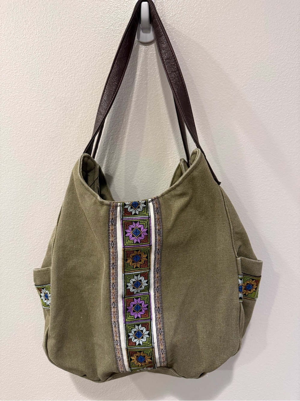 Olive Green Embroidered Canvas Shoulder Tote